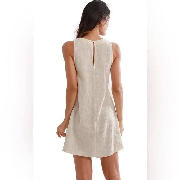 Amazhiyu Womens 100% Linen Summer V Neck Sleeveless Back Keyhole Mini Tank Dress - Picture 2 of 5